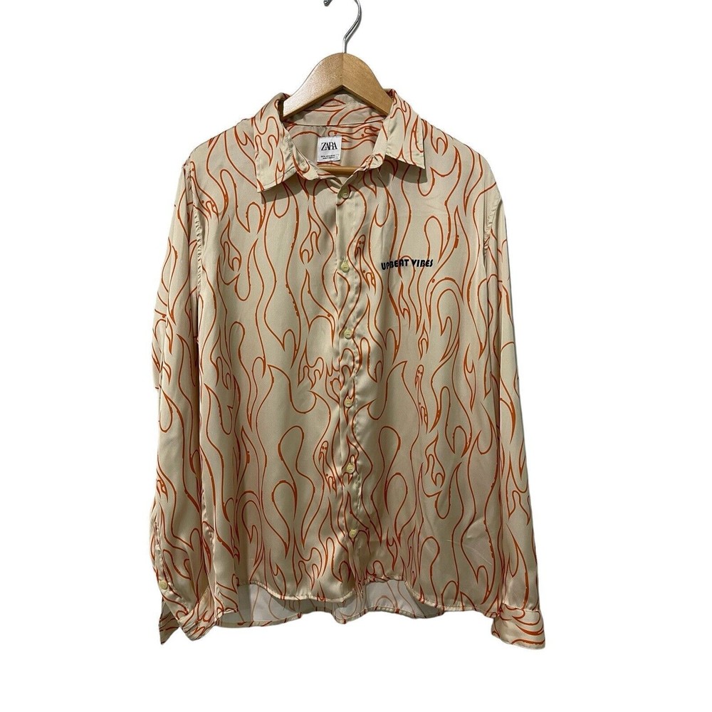 Zara Man‎ Long Sleeve Yellow Orange Flame Shirt Upbeat Vibes Size Medium